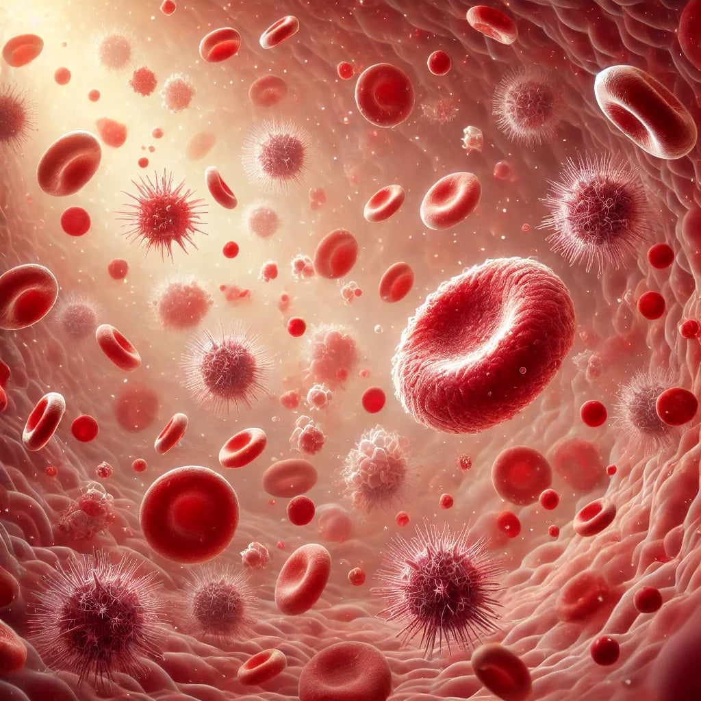 Illustration of blood cells and spike proteins in the bloodstream