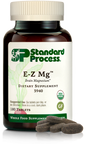 Image of E-Z Mg bottle next to tablets of magnesium supplements.